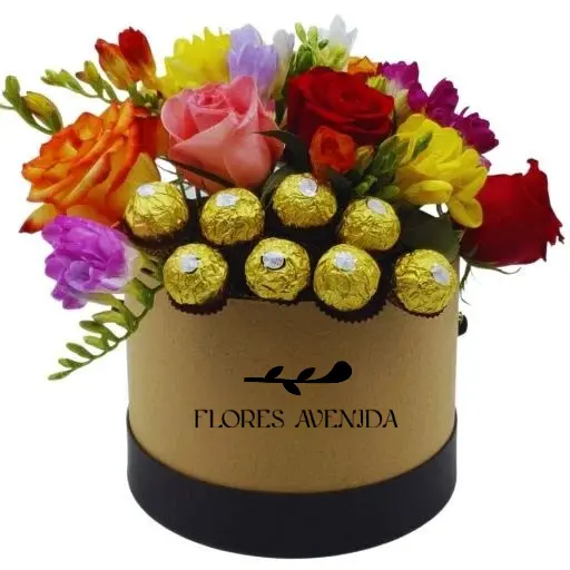 Caja pote con rosas flores de estacion y bombones de chocolate